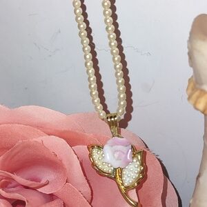 Pearl Bead Necklace with Pink & White Pearly Rose Pendant